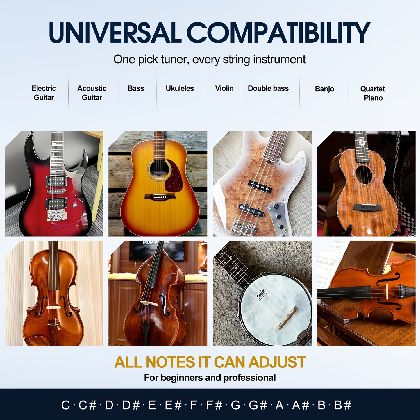 Guitar Tuner Pick 4-in-1 - 0.5-0.75-1.0mm Plectrum, 12 Equal Temperaments, Precision Tuning for Electric & Acoustic Guitars, Bass, Ukulele, Violin, Bass, Banjo, Chromatic