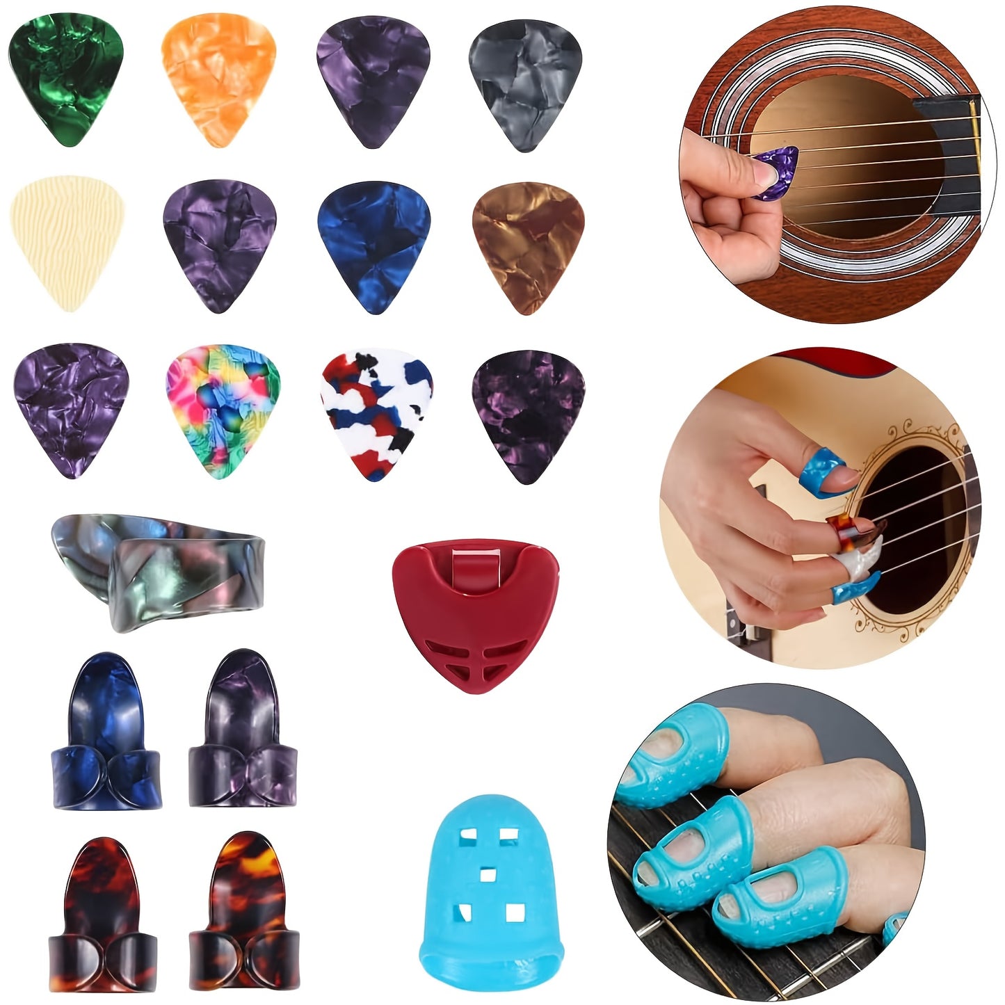60pcs Acoustic Guitar Accessories Kit Including Guitar Strings, Tuner, Capo, 3-in-1 Restring Tool, Pick Holder, Bridge Pins, Nuts & Saddles, Finger Protector, Finger Picks, Fretboard Stickers