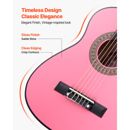 VEVOR Classical Guitar 30 in Guitar Beginner Starter Kit Nylon Strings Sunburst Sunrise Color/Black/Natural Color/Pink