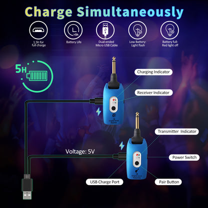Wireless Guitar System 2.4GHz Built-in Rechargeable Lithium Battery 270°Rotatable Audio Wireless Transmitter Receiver for Acoustic Guitar Bass Violin Keyboard Electric Instruments, A9