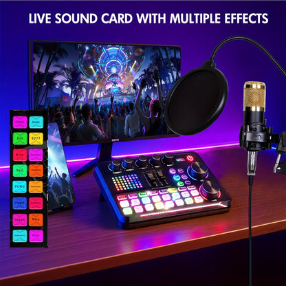 Podcast Microphone Bundle, BM-800Condenser Mic with Live Sound Card KitPodcast Equipment Bundle with Voice Changerand Mixer Functions for Pc Smartphone StudioRecording & Broadcasting