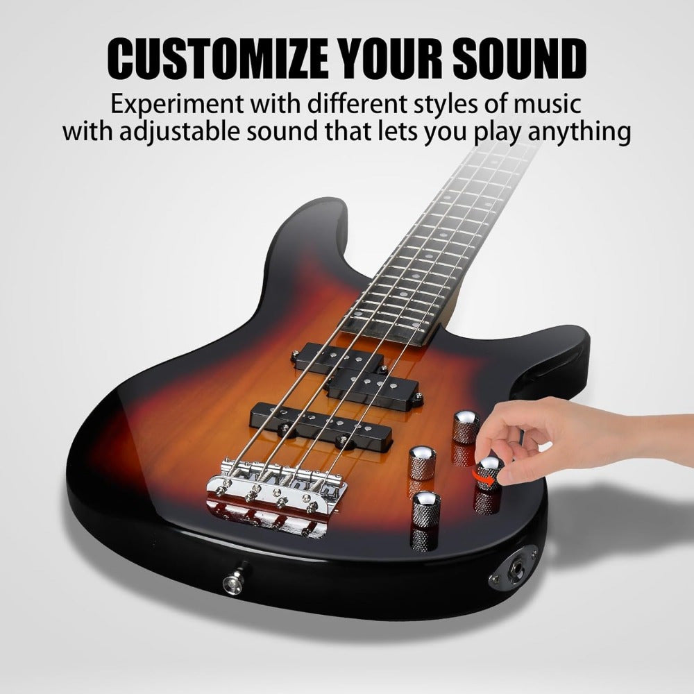 Complete Beginner Set for a Full-Size Right-Handed Electric Bass Guitar with a Rosewood Fingerboard, Including a Cable And Wrench Tool