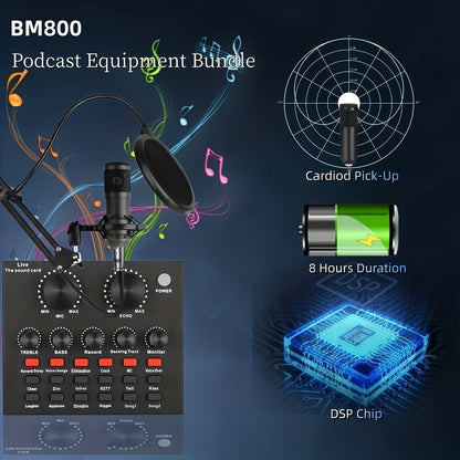 Podcast Equipment Bundle, Wired Microphone, with BM800 Podcast Microphone And V8 Sound Card, Voice Changer - Audio Interface - Perfect for Recording, Singing, Streaming And Gaming
