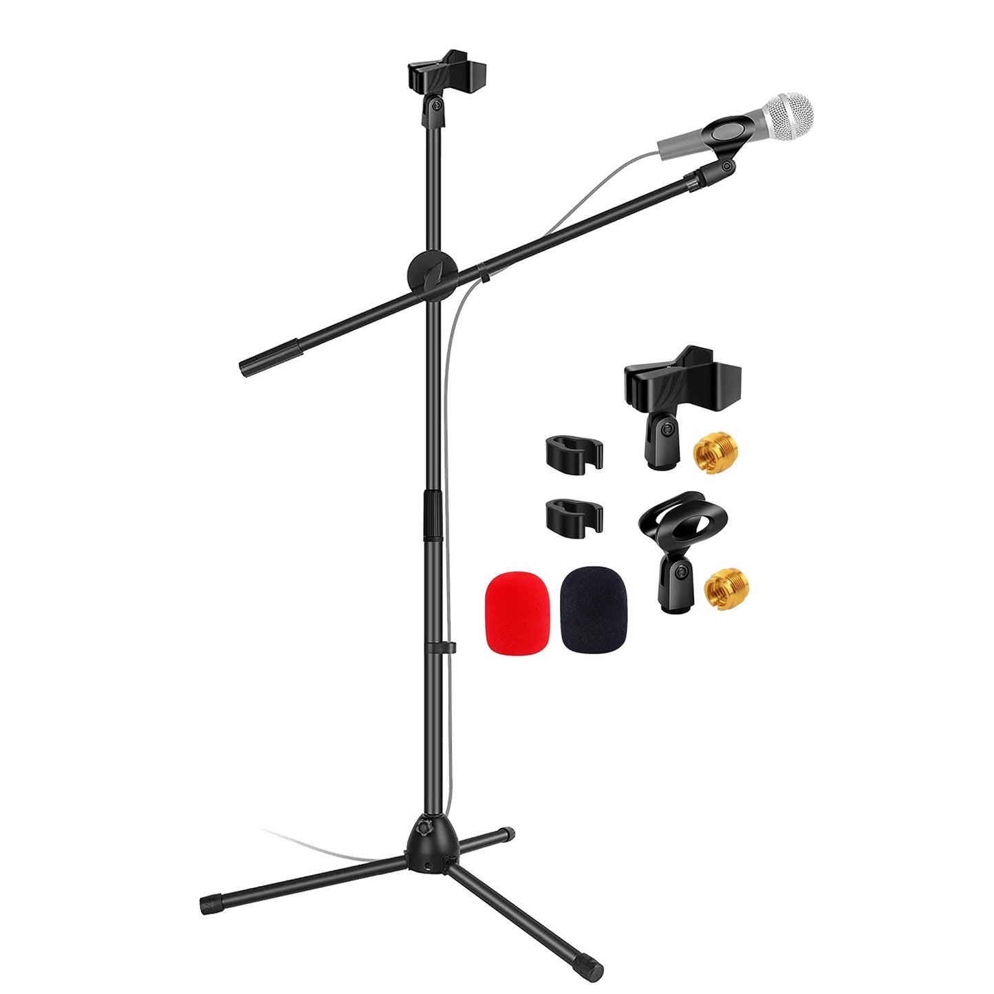 5 Core Microphone Stand Floor 2 Mic Clips Universal Height Adjustable 63" Dual Tripod Mic Stands w Telescoping Boom Arm Foldable Portable
