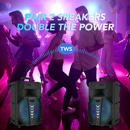 10000W Portable Wireless PA Speaker System - with Single 15 Inch Subwoofer, Outdoor Karaoke Machine W/ Microphone And Stand, DJ Lights, Support for USB/TF/AUX/FM/TWS, Rolling Wheels, for Party And Church
