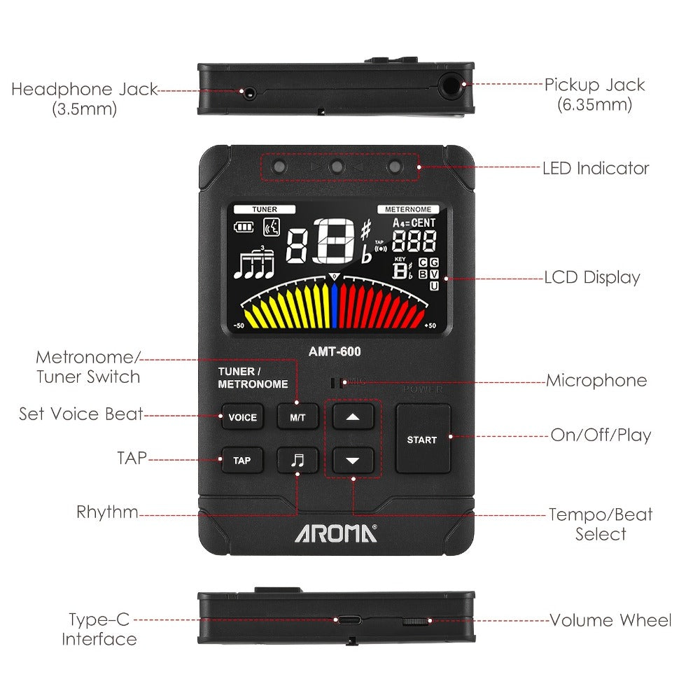 Chromatic Instrument Tuner, USB-C, Rechargeable, 3-In-1 for Guitar and Bass Tuning