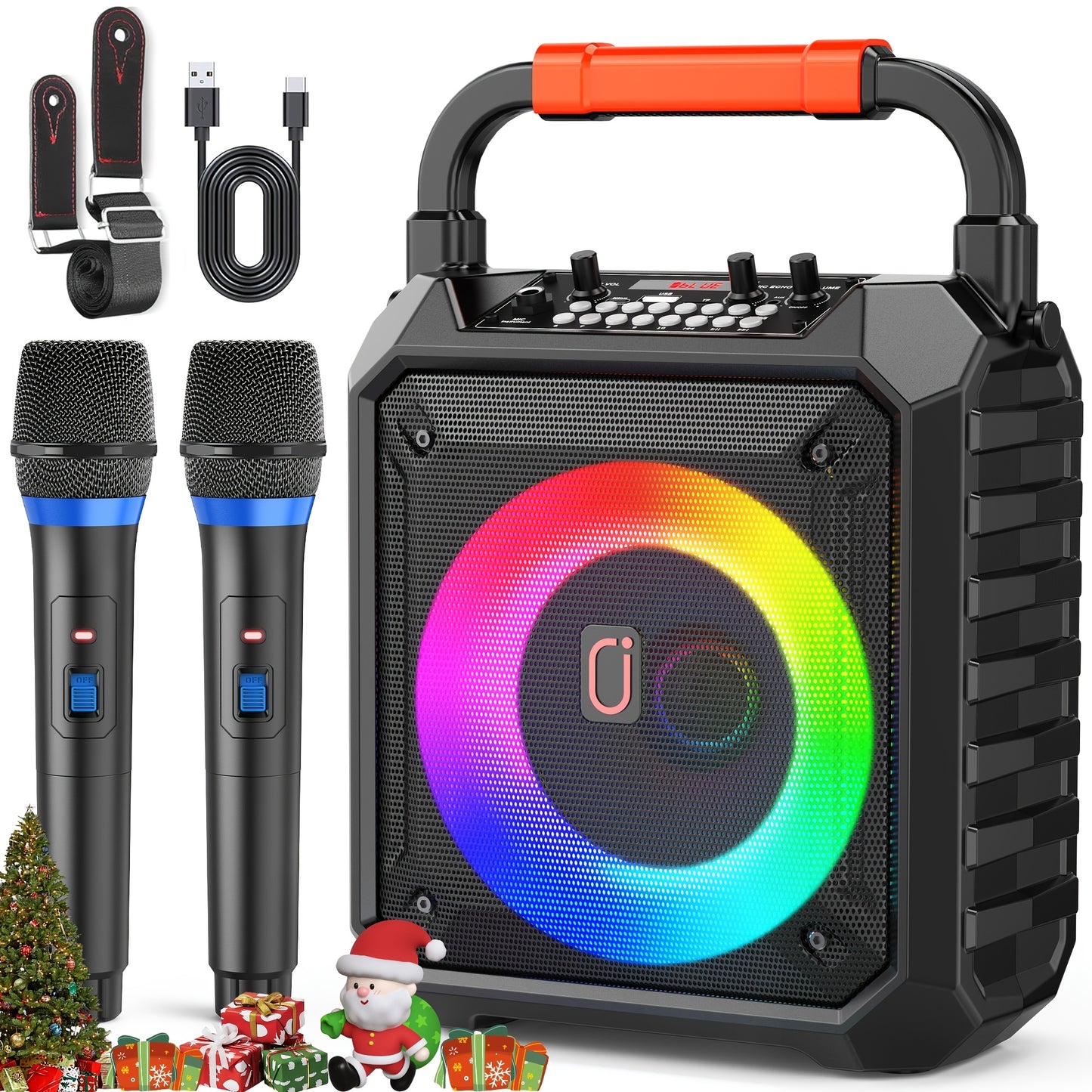 Portable Karaoke Speaker with Two Microphones And DJ Lights, Perfect for Home Parties And Gatherings. This Wireless PA System Supports USB, AUX Input, And Recording