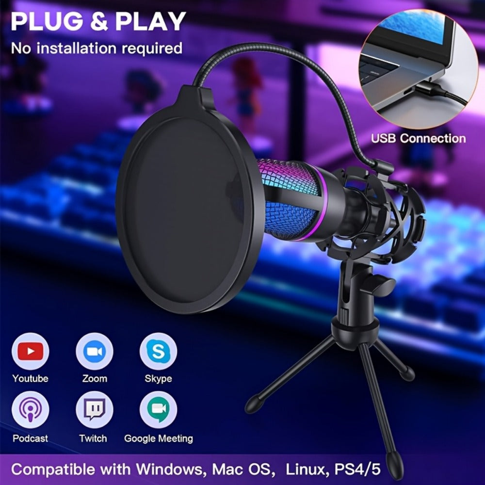 Recording Microphone, RGB, Condenser, All-in-one, Gaming for Recording and Streaming