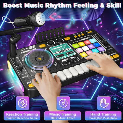 All-In-One Multi-Function DJ Mixing Controller, Equipped with an Electric Keyboard, DJ Controls, Sound Effects, And Recording Functions, Is a Perfect New Year/Birthday Gift, an Educational Toy Companion for Child