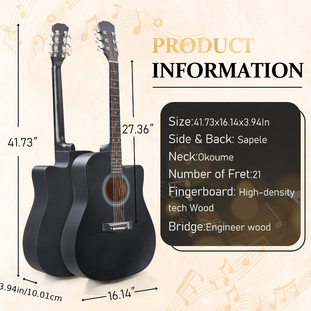 Acoustic Guitar, Black, Full Size, 41-inch, Basswood, Cutaway for Lessons and Practice