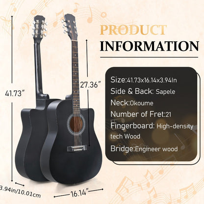 Acoustic Guitar, Black, Full Size, 41-inch, Basswood, Cutaway for Lessons and Practice