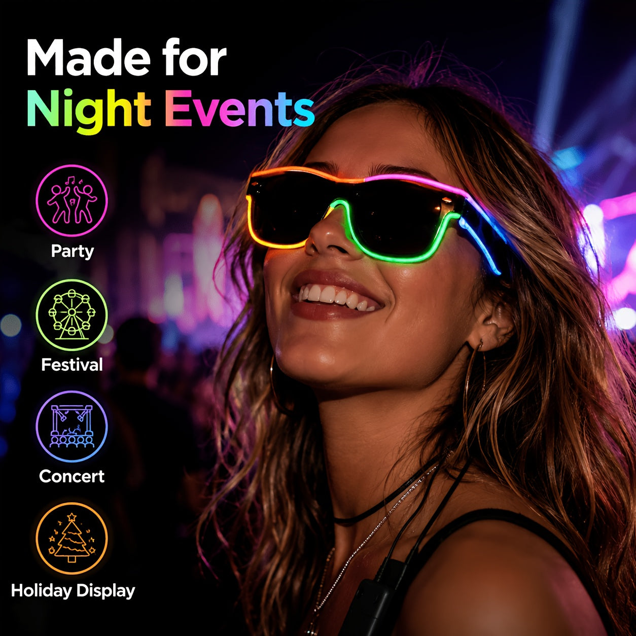 [Halloween Cosplay Raves] Multi-Color EL Wire LED Glowing Glasses - Flexible Adjustable Light-Up Costume Accessories With Portable Battery Pack For Halloween, Cosplay, Raves, Festivals, Night Parties, Carnival & Glow-in-the-Dark Events