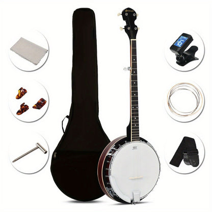 5-String Closed-Back Banjo, 24-Bracket Beginner Instrument with Case
