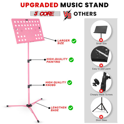 5 Core Music Stand Height Adjustable Desktop Book Stands Portable Sheet Holder All Metal Bookstand Foldable Atril Para Partituras w Carrying Bag Light & Clip Pink - MUS FLD HD ACC PNK