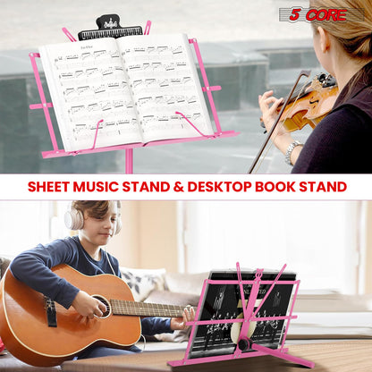 5 Core Music Stand Height Adjustable Desktop Book Stands Portable Sheet Holder All Metal Bookstand Foldable Atril Para Partituras w Carrying Bag & Clip Pink - MUS FLD PNK