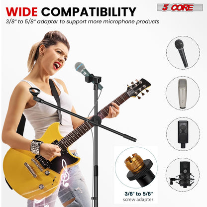 5 Core Microphone Stand Floor 2 Mic Clips Universal Height Adjustable 63" Dual Tripod Mic Stands w Telescoping Boom Arm Foldable Portable