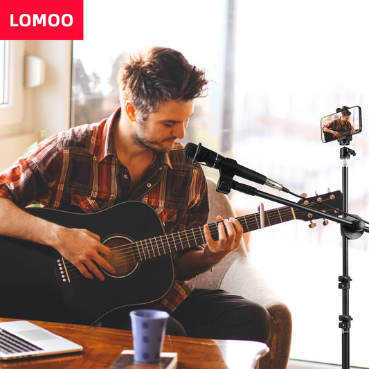 Lomoo Iron Microphone Stand with 360° Ball Head, XLR Connector, Dual Mic Clips, Portable Boom Arm for Stage, Karaoke, DJ - Black, Microphone for Singing
