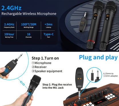 Cordless Dynamic Microphone System with Rechargeable Wireless Mics, Featuring an Auto-Connect Receiver, Lasting 10 Hours, And a Range of 100 Feet, Ideal for Karaoke, Parties, And Public Address Systems