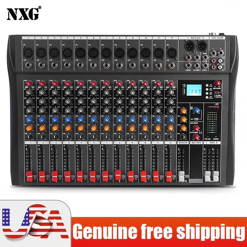 Professional DJ Audio Mixer 12-Channel Controller Recording Console with USB Interface XLR Microphone/Line Input AUX Effect Processor MP3 Player Headphone Jack Suitable for Karaoke, Live Streaming, And Recording GX12