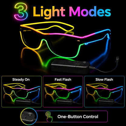 [Halloween Cosplay Raves] Multi-Color EL Wire LED Glowing Glasses - Flexible Adjustable Light-Up Costume Accessories With Portable Battery Pack For Halloween, Cosplay, Raves, Festivals, Night Parties, Carnival & Glow-in-the-Dark Events