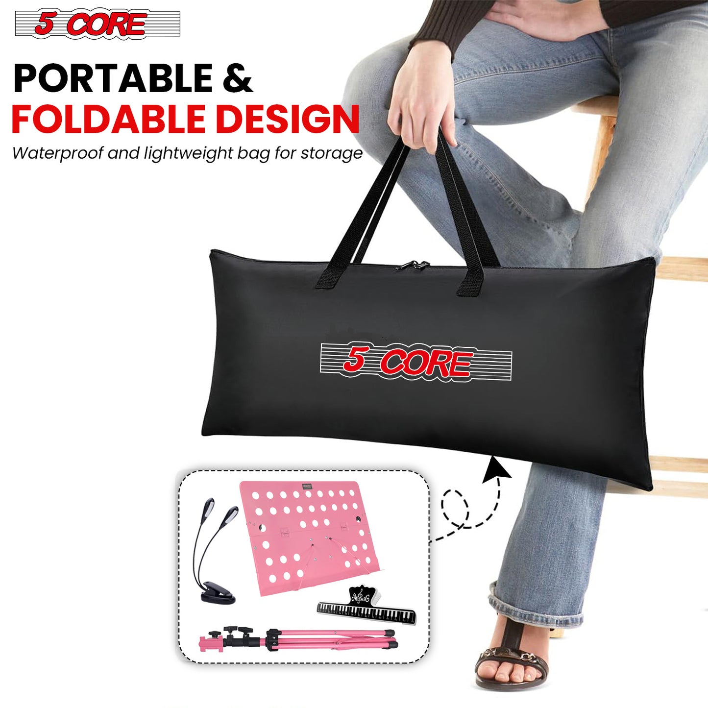 5 Core Music Stand Height Adjustable Desktop Book Stands Portable Sheet Holder All Metal Bookstand Foldable Atril Para Partituras w Carrying Bag Light & Clip Pink - MUS FLD HD ACC PNK