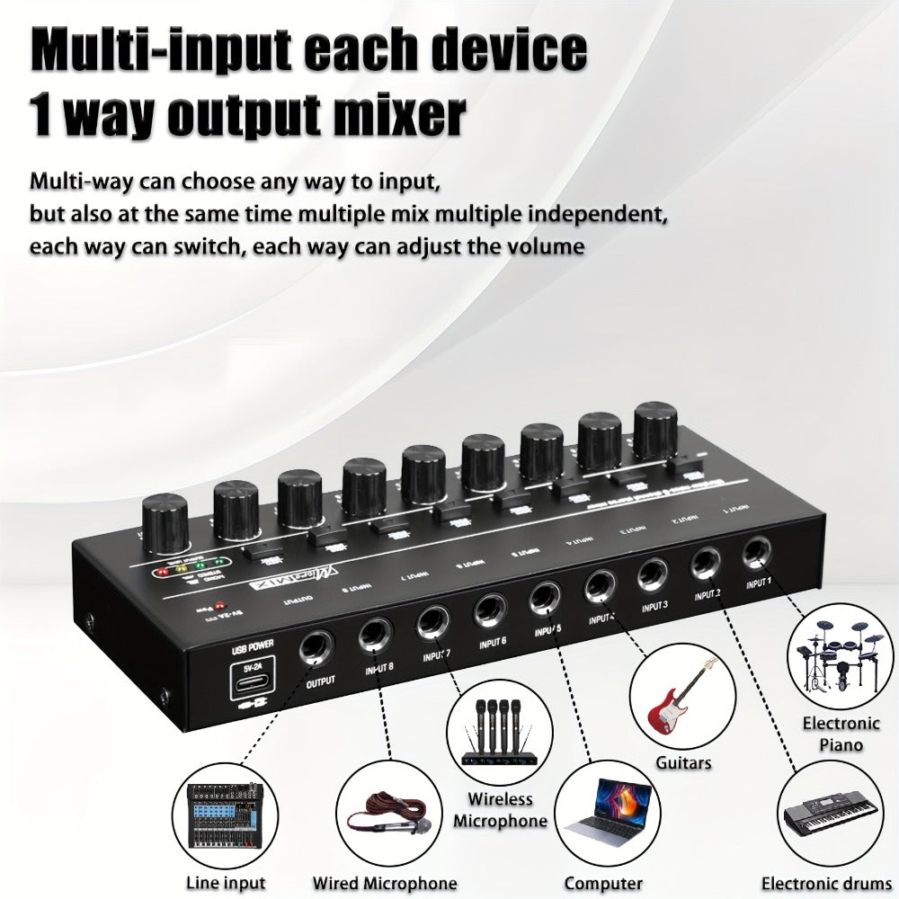 Compact 4/6/8-Channel Stereo Audio Mixer with USB-C Power and Level Controls
