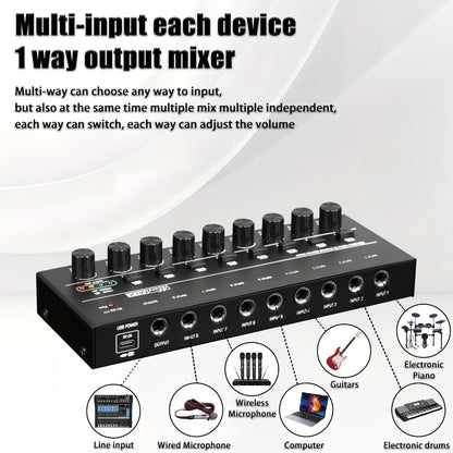 Compact 4/6/8-Channel Stereo Audio Mixer with USB-C Power and Level Controls
