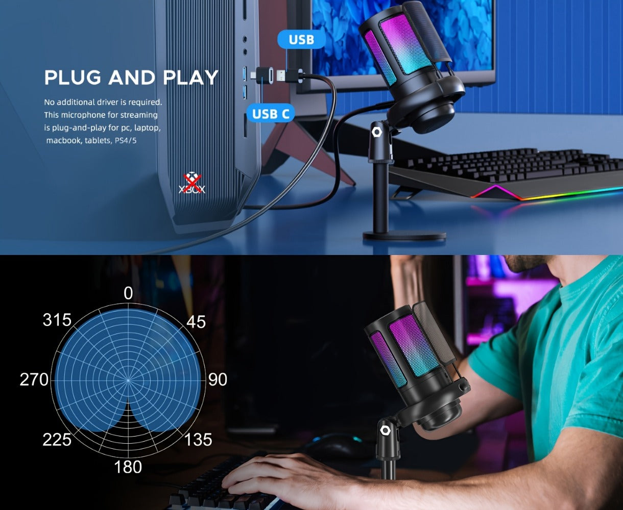 Recording Microphone, USB, RGB, USB-C, Computers, Ideal for Recording and Streaming