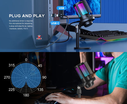 Recording Microphone, USB, RGB, USB-C, Computers, Ideal for Recording and Streaming