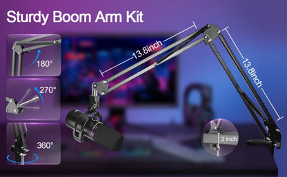 XLR and USB Dynamic Microphone Kit with Noise Control and Boom Arm