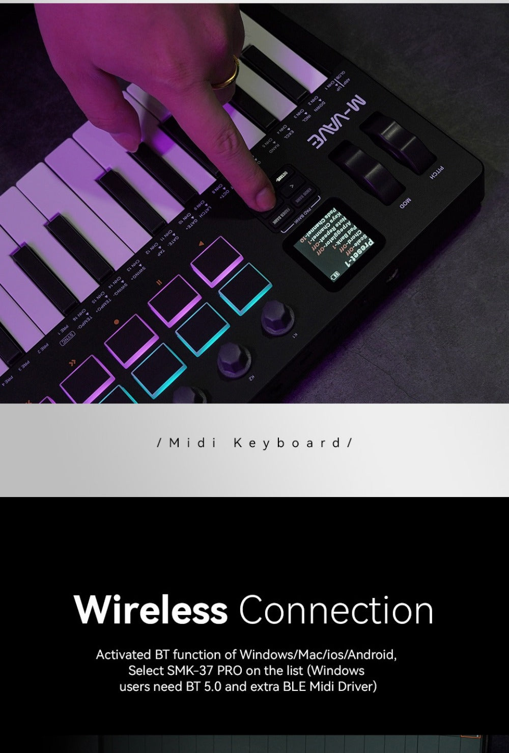 MIDI Keyboard Controller, Pure Black, Wireless, M-VAVE, SMK37PRO, Professional for Music