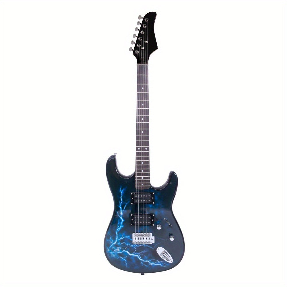 Black & Dark Blue Lightning Style Electric Guitar - Ideal for Beginners and Enthusiasts - Includes Power Cord, Strap, Bag, Plectrums & Tremolo Arm