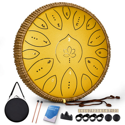 Steel Tongue Drum, 13-Inch 15-Note C Major Set with Mallets and Songbook