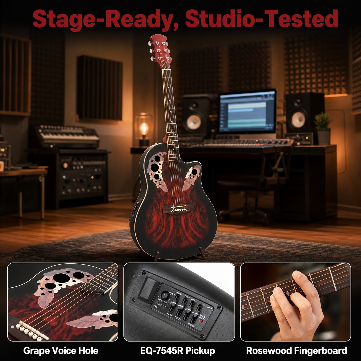 [Electric Acoustic Guitar] 41-Inch Full-Size Cutaway Electric Acoustic Guitar Grape Soundhole Spruce Top Round Back