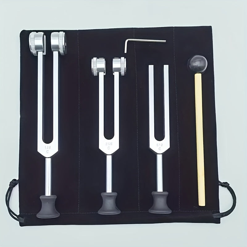 Chakra Healing Tuning Fork Set - (128Hz, 256Hz, 512Hz) Aluminum Alloy Neural Tuner - Suitable for Sound, Instrument, Vibration, Including Accessories And Velvet Bag, Item Weight, Silvery