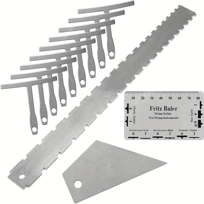 12pcs Luthier Tools Set for Guitar Neck Notched Straight Edge 9pcs Guitar Radius Gauge String Action Gauge Ruler Fret Rocker for Guitar And Bass Setup Tool