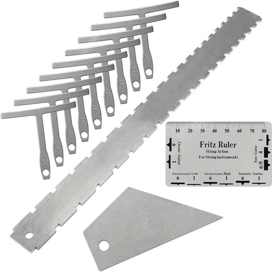 12pcs Luthier Tools Set for Guitar Neck Notched Straight Edge 9pcs Guitar Radius Gauge String Action Gauge Ruler Fret Rocker for Guitar And Bass Setup Tool