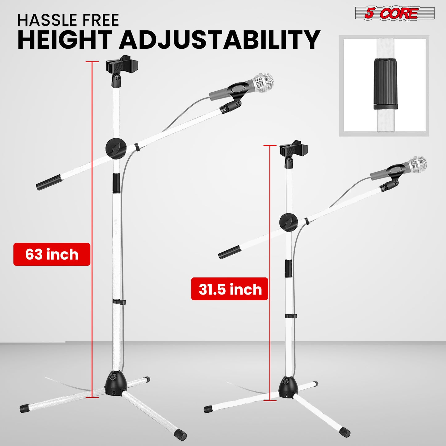5 Core Microphone Stand Floor 2 Mic Clips Universal Height Adjustable 63" Dual Tripod Mic Stands w Telescoping Boom Arm Foldable Portable