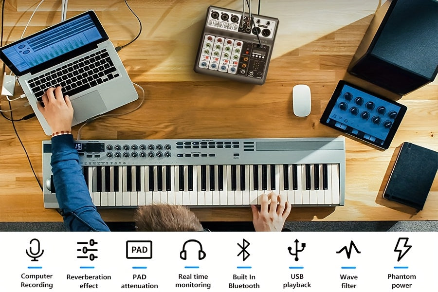 Aveek Professional Audio Mixer, Audio Mixing Console, USB BT Echo Delay Effect with 5-channel Audio Interface, Phantom Power Input Stereo DJ Mixer for Recording, Live Broadcasting And Podcasts.