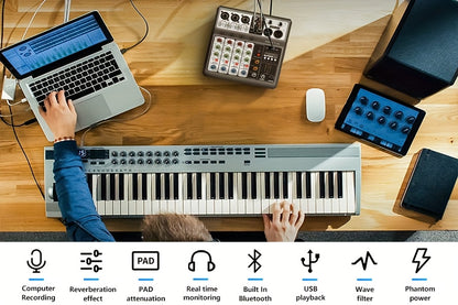 Aveek Professional Audio Mixer, Audio Mixing Console, USB BT Echo Delay Effect with 5-channel Audio Interface, Phantom Power Input Stereo DJ Mixer for Recording, Live Broadcasting And Podcasts.