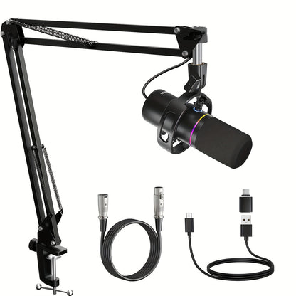 Socodox XLR/USB Dynamic Microphone Kit, RGB Podcast Mic with Software, Mute, Gain Knob, Volume Control, Boom Arm for Streaming, Gaming, Voice-Over, Recording- Black