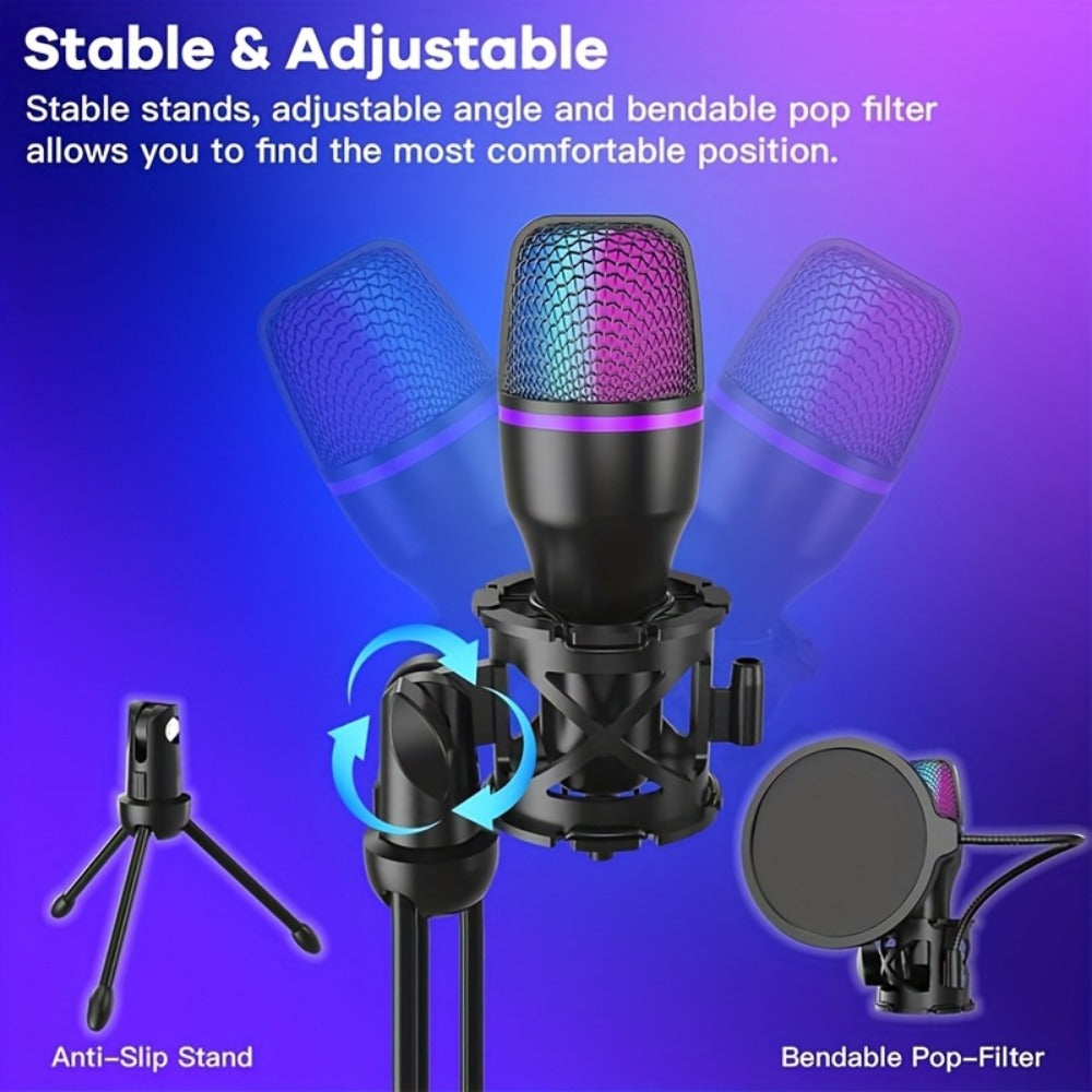 USB RGB Condenser Microphone Kit with Tripod, Pop Filter and Monitor