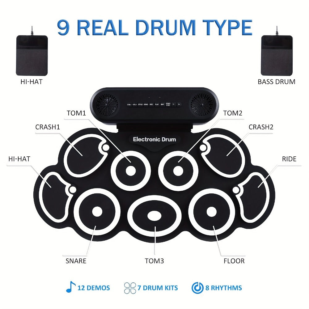 Electronic Drum Kit, Portable, Set, 9-Pads, Roll-Up for Electronic Drum Practice
