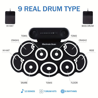 Electronic Drum Kit, Portable, Set, 9-Pads, Roll-Up for Electronic Drum Practice