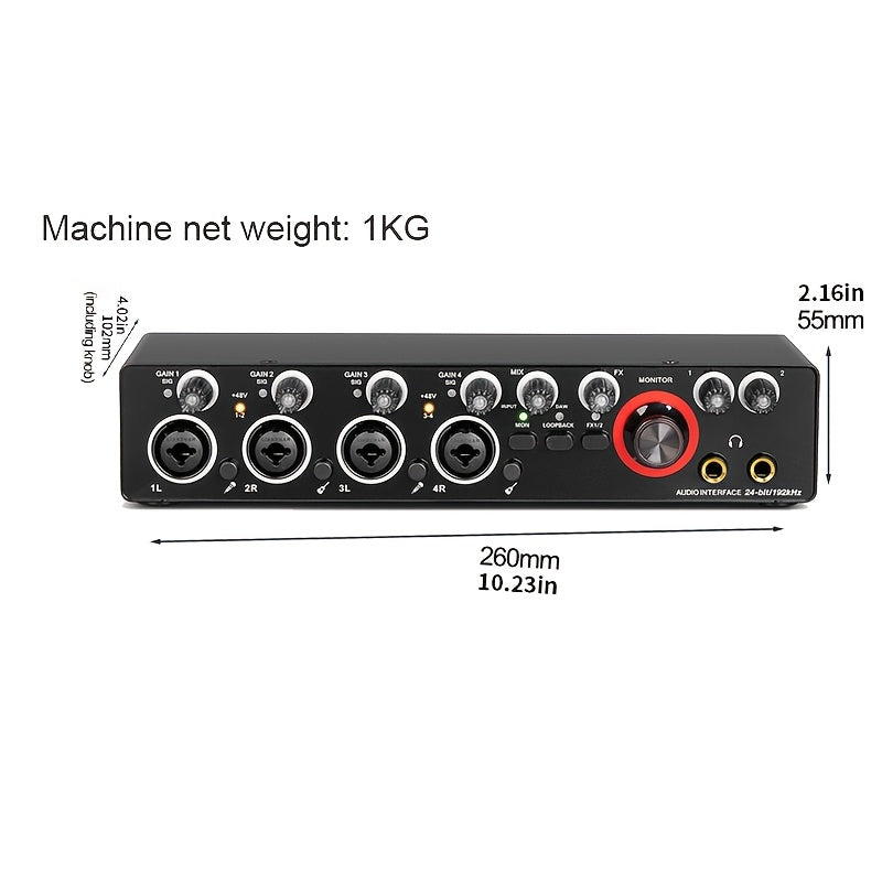 Professional 4-Channel Audio Interface Sound Card - Studio Mixer for Electric Guitar Live Recording, 24Bit/ 192Khz High-Resolution, XLR Interface with 48 Phantom Power Supply