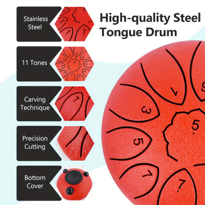 3-inch 6-tone Steel Tongue Drum, 6-inch 8-tone Hollow Drum Iron Drum, 6-inch 11-tone Outdoor Rain Drum, Percussion Instrument, with Travel Bag, Music Book, Drumsticks And Stand