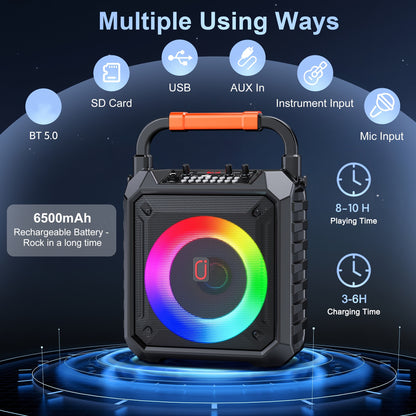 Portable Karaoke Speaker with Two Microphones And DJ Lights, Perfect for Home Parties And Gatherings. This Wireless PA System Supports USB, AUX Input, And Recording