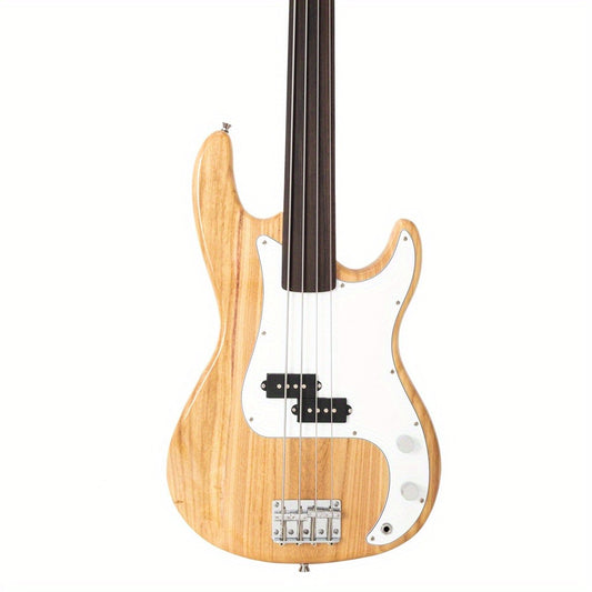 Fretless Electric Bass Guitar Full Size 4 String for Experienced Bass Players Cord Wrench Tool Burlywood