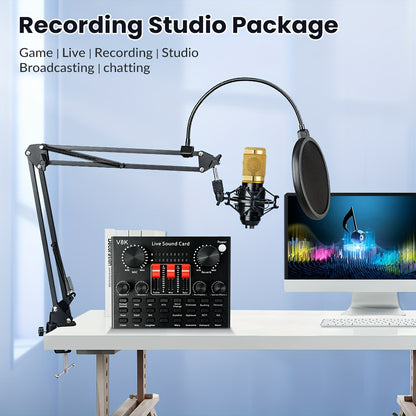 Podcast Equipment Bundle, Live Sound Card with Dj Mixer Effects & Voice Changer, F998 Live Sound Card Audio Mixer with Studio Condenser Microphone, Perfect for Live Streaming, Podcasting, Gaming & DJ.