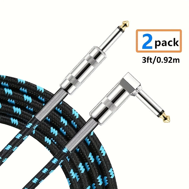 2 High-quality 1/4-inch Guitar Cables with Right-angle Connectors, Spring-loaded for Easy Plugging And Unplugging, Durable Audio Transmission Suitable for Electric Guitars, Basses, Amplifiers, Keyboards, Mandolins And Mixing Consoles. Essential for